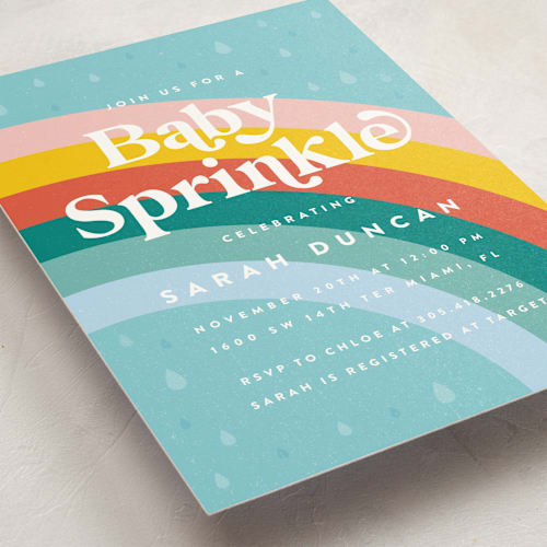 This is a retro baby shower postcards with standard by Maria Alou called mod rainbow sprinkle printing on signature in postcard