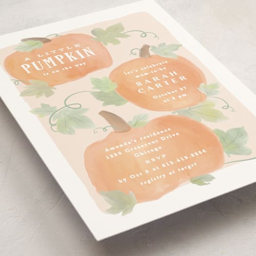This is a blush baby shower postcards with standard by Creo Study called lil pumpkin printing on signature in postcard