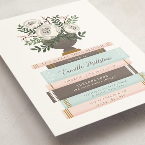 This is a peony baby shower postcards with standard by Lehan Veenker called storybook stack printing on signature in postcard