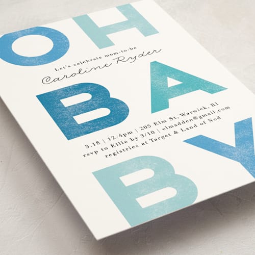 This is a aquamarine baby shower postcards with standard by Jennifer Wick called oh baby blue printing on signature in postcard