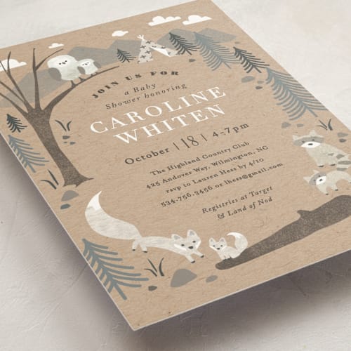 This is a kraft baby shower postcards with standard by Jennifer Wick called woodland's welcome printing on signature in postcard
