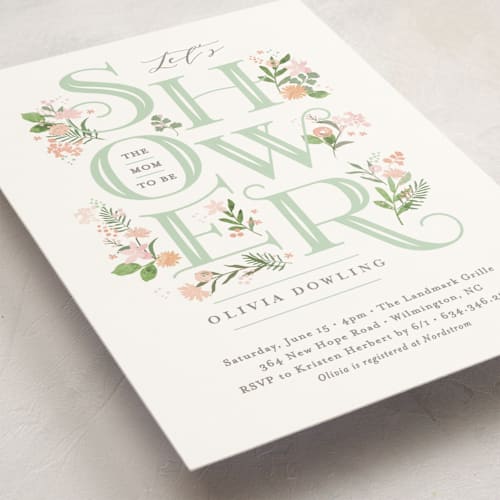 This is a sage baby shower postcards with standard by Jennifer Wick called cascading shower printing on signature in postcard
