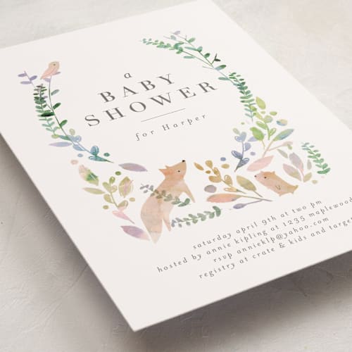 This is a forest baby shower postcards with standard by Lori Wemple called woodland printing on signature in postcard