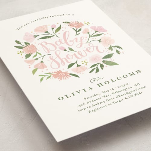 This is a dusty rose baby shower postcards with standard by Jennifer Wick called freshly cut flowers printing on signature in postcard