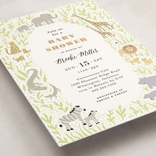 This is a sage baby shower postcards with standard by Jennifer Wick called savannah animals printing on signature in postcard