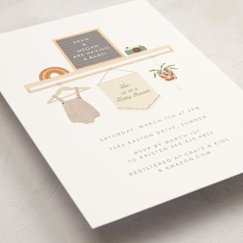 This is a terracotta baby shower postcards with standard by Itsy Belle Studio called scandi boho printing on signature in postcard