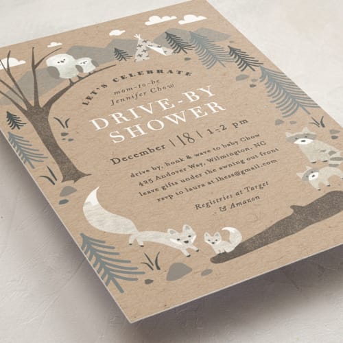 This is a kraft baby shower postcards with standard by Jennifer Wick called woodland's welcome printing on signature in postcard
