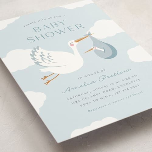 This is a sky baby shower postcards with standard by Jen Banks called baby stork printing on signature in postcard