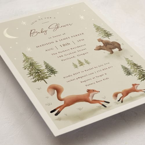 This is a olive baby shower postcards with standard by Elly called forest adventure printing on signature in postcard