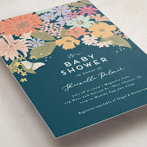 This is a navy baby shower postcards with standard by Jennifer Wick called seedlings printing on signature in postcard