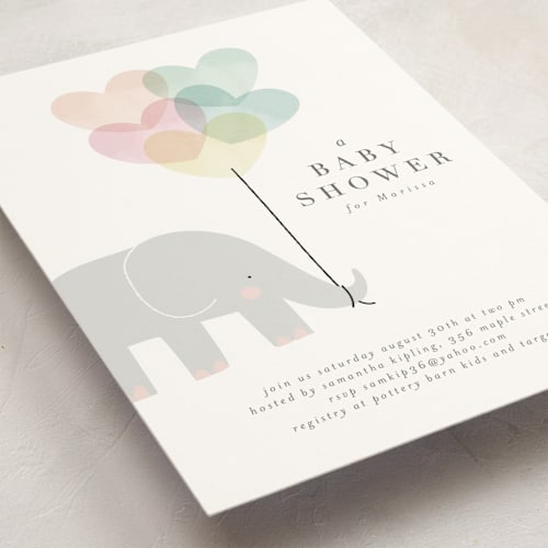 This is a peony baby shower postcards with standard by Lori Wemple called elephant printing on signature in postcard
