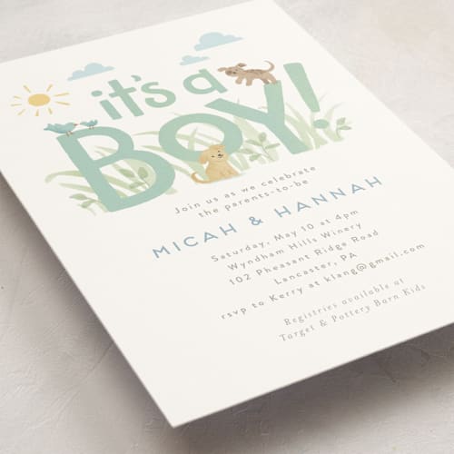 This is a mint baby shower postcards with standard by Jennifer Wick called little pups printing on signature in postcard