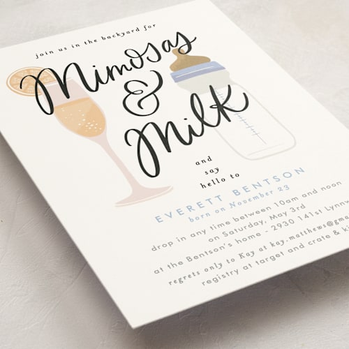 This is a sky baby shower postcards with standard by Alethea and Ruth called mimosas and milk printing on signature in postcard
