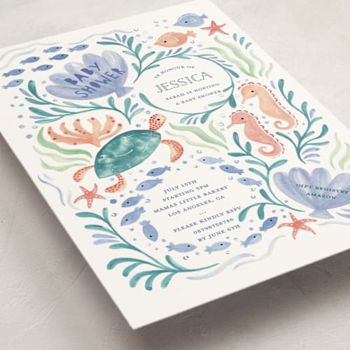 This is a lavender waters baby shower postcards with standard by Sarah Knight called sea party printing on signature in postcard