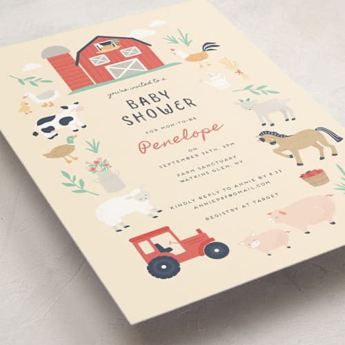 This is a butter baby shower postcards with standard by peetie design called barn baby printing on signature in postcard