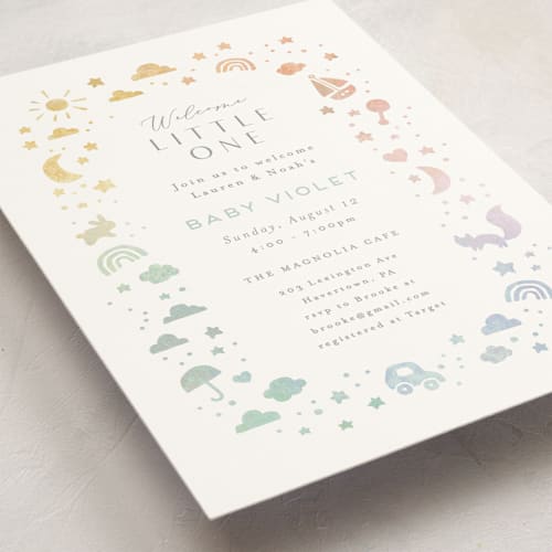 This is a rainbow baby shower postcards with standard by Jennifer Wick called ethereal stars printing on signature in postcard