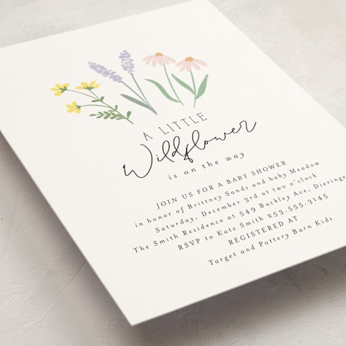 This is a pastel baby shower postcards with standard by Itsy Belle Studio called she's a wildflower printing on signature in postcard