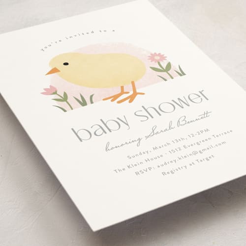 This is a blush baby shower postcards with standard by Carolyn MacLaren called little chick printing on signature in postcard