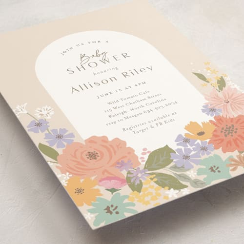 This is a flamingo baby shower postcards with standard by Jennifer Wick called petite garden printing on signature in postcard