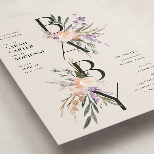 This is a amethyst baby shower postcards with standard by Kate Ahn called stacked bouquets printing on signature in postcard