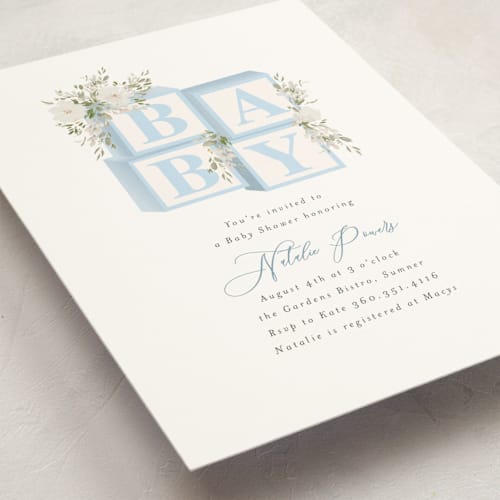 This is a baby blue baby shower postcards with standard by Itsy Belle Studio called botanical blocks printing on signature in postcard