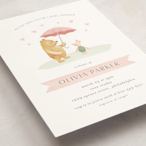 This is a blush baby shower postcards with standard by Katherine Moynagh called disney's pooh and piglet printing on signature in postcard