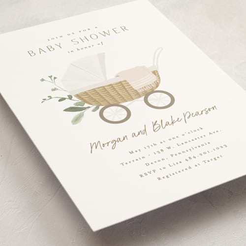 This is a porcelain baby shower postcards with standard by Everett Paper Goods called boho buggy printing on signature in postcard