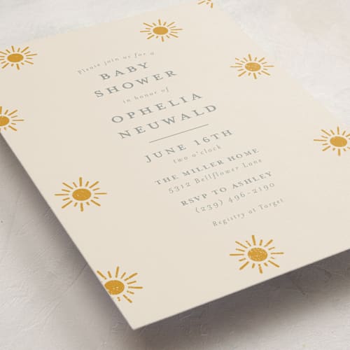This is a golden sun baby shower postcards with standard by Meggy Masters called sun toss printing on signature in postcard