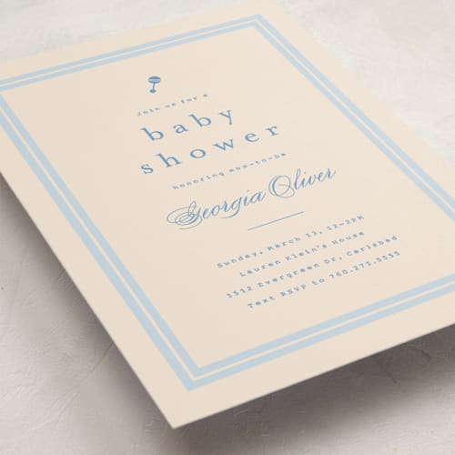 This is a powder blue baby shower postcards with standard by Carolyn MacLaren called classic start printing on signature in postcard