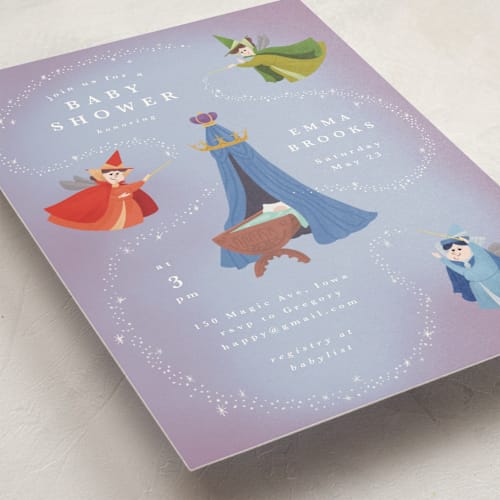 This is a magic baby shower postcards with standard by Yuliya Evseeva called disney fairies flora, fauna & merryweather printing on signature in postcard