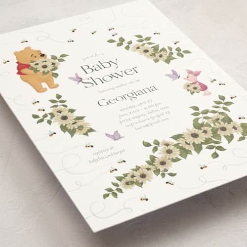 This is a spring baby shower postcards with standard by Townsend Majors called disney's winnie the pooh in bloom printing on signature in postcard