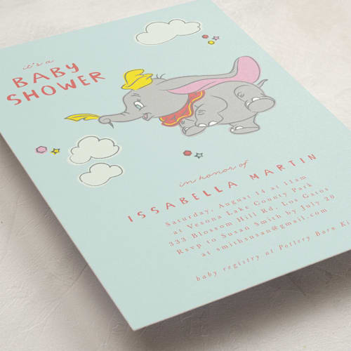 This is a baby blue baby shower postcards with standard by Kanika Mathur called disney's baby dumbo printing on signature in postcard
