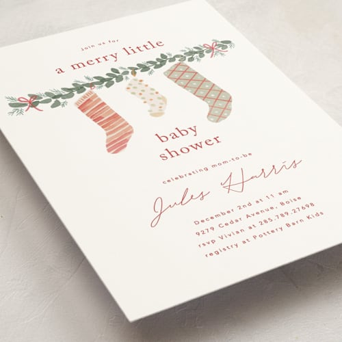 This is a cranberry baby shower postcards with standard by Rebecca Durflinger called merry little stockings printing on signature in postcard