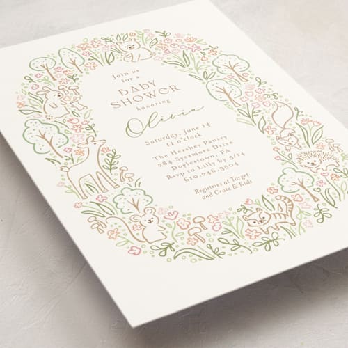 This is a watermelon baby shower postcards with standard by Jennifer Wick called woodland beginnings printing on signature in postcard