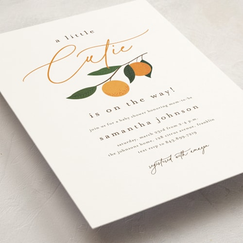 This is a clementine baby shower postcards with standard by Stacey Meacham called little cutie printing on signature in postcard