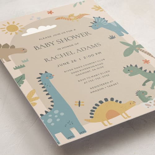 This is a tan baby shower postcards with standard by Britt called baby dino printing on signature in postcard