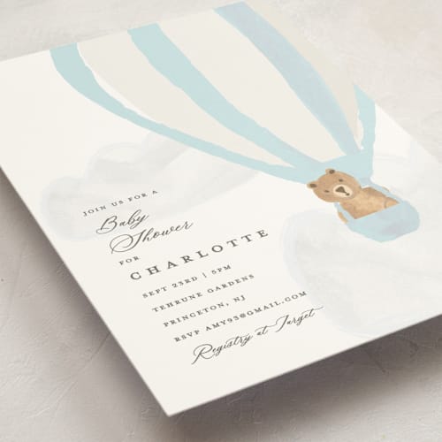 This is a blue berry baby shower postcards with standard by Teju Reval called hot air balloon bear printing on signature in postcard