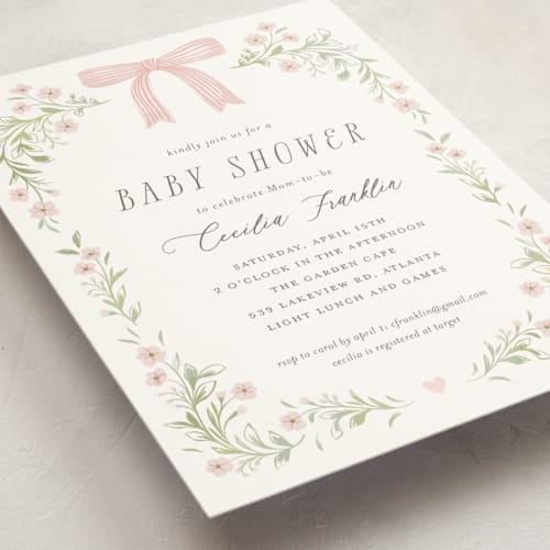 This is a blush baby shower postcards with standard by Paper Raven Co. called dainty garden printing on signature in postcard