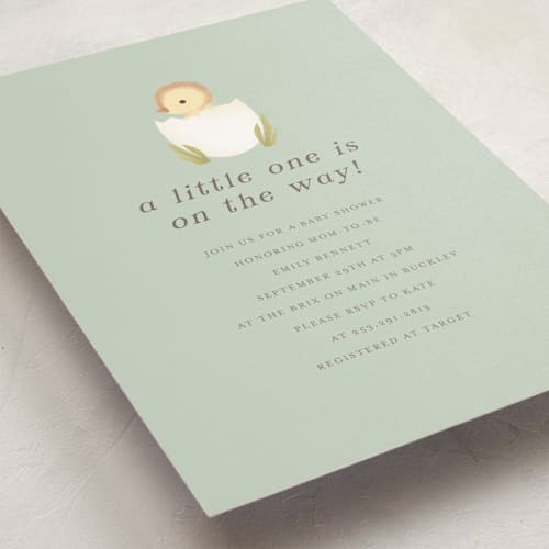 This is a sage baby shower postcards with standard by Itsy Belle Studio called lil duck printing on signature in postcard