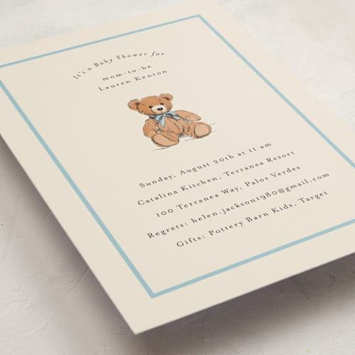 This is a frost baby shower postcards with standard by Becky Nimoy called antique teddy bear printing on signature in postcard