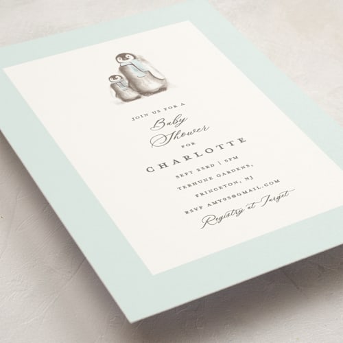 This is a ice baby shower postcards with standard by Teju Reval called penguins printing on signature in postcard