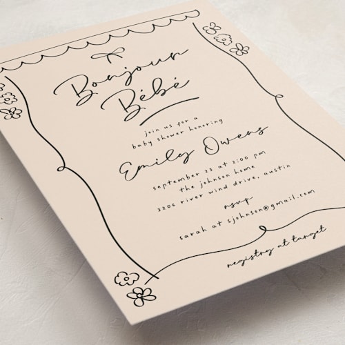 This is a blush baby shower postcards with standard by Ashley Iwafuchi called oh bebe printing on signature in postcard