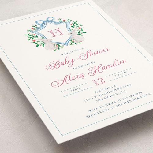 This is a cotton candy baby shower postcards with standard by Cass Loh called bunny crest printing on signature in postcard