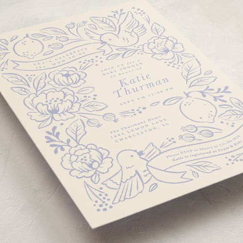 This is a porcelain baby shower postcards with standard by Rebecca Smith called love birds printing on signature in postcard