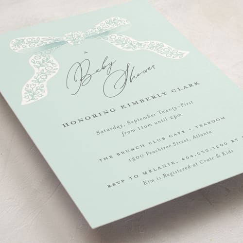 This is a tiffany blue baby shower postcards with standard by Paper Raven Co. called dainty printing on signature in postcard
