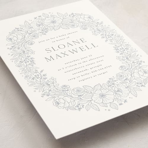 This is a powder blue baby shower postcards with standard by Kristen Smith called wild roses printing on signature in postcard