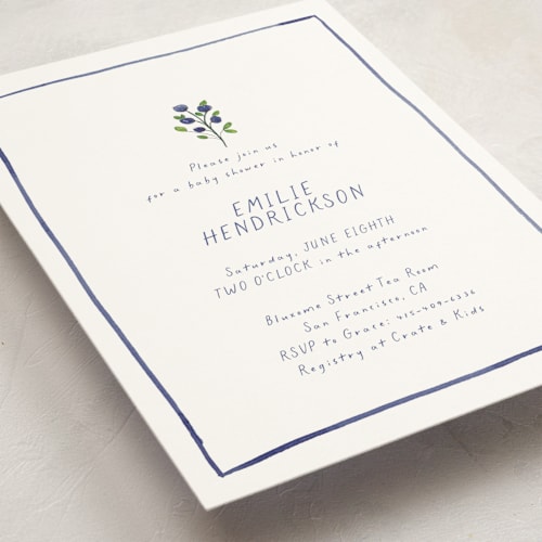 This is a cornflower baby shower postcards with standard by Mere Paper called blue bells printing on signature in postcard