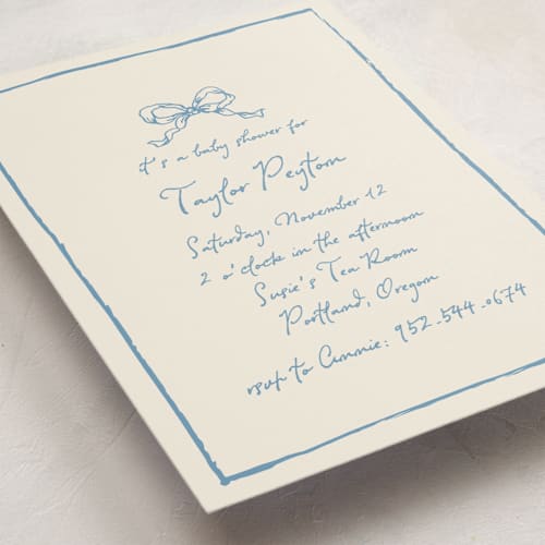 This is a dusty blue baby shower postcards with standard by Cass Loh called ribbon bow drawing printing on signature in postcard