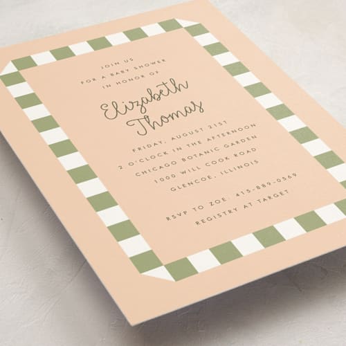 This is a peach baby shower postcards with standard by Baumbirdy called boardwalk printing on signature in postcard