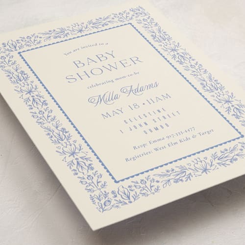 This is a cobalt baby shower postcards with standard by Ana Sharpe called bloomy baby printing on signature in postcard